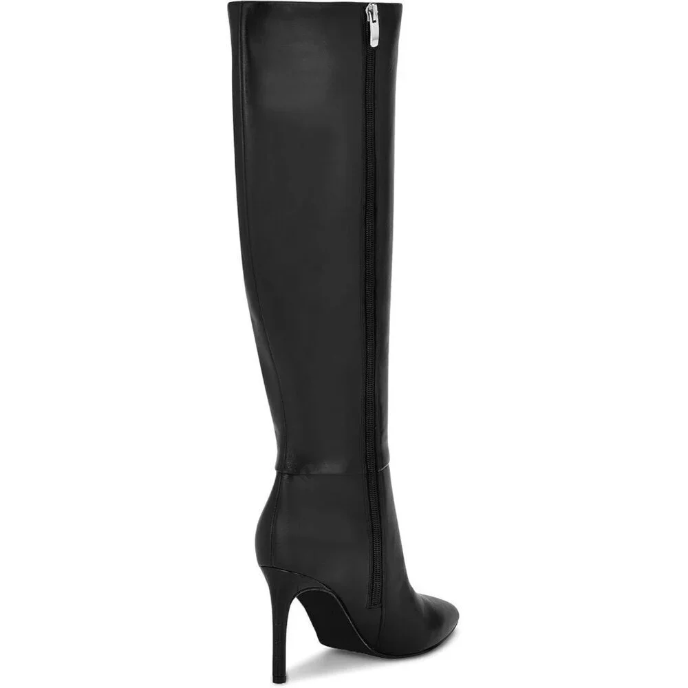 🆕Women Black Faux Leather Pointed Toe Tall  Stiletto Heel Zipper Dress Boots